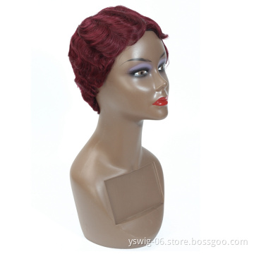 Short Pixie Cut Finger Wave Wig 100% Human Hair, 99j# Non Lace Machine Made Pixie Wavy Short Human Hair Wigs for Black Women